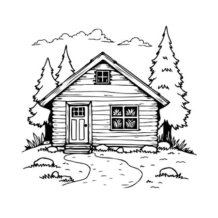 This monochrome illustration presents a quaint woodland cabin retreat, rendered with clean, elegant lines. The idyllic scene inspires a sense of serenity and peacefulness, evoking a desire to escapeのイラスト素材