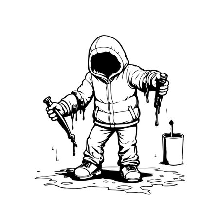 Monochromatic art displaying an anonymous hooded figure engaged in creative expression with paint tools evokes themes of artistic exploration and youthful energy, a street art vibe with splashes andのイラスト素材