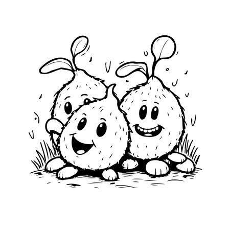 A black and white drawing showcases three cartoonish, imaginary creatures with happy faces, gathered together in a playful manner. These whimsical characters, set against a simple background, exudeのイラスト素材