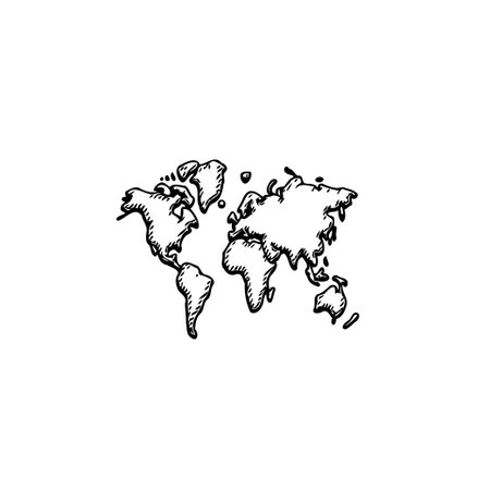 A minimalistic doodle illustration of the world map, perfect for representing concepts of geography, travel, or international connections. This simple black and white design features the continentsのイラスト素材