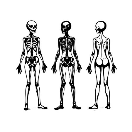 A detailed monochrome illustration displaying the human skeletal system from various angles including front back and side view. This image is suitable for educational purposes, medical referenceのイラスト素材