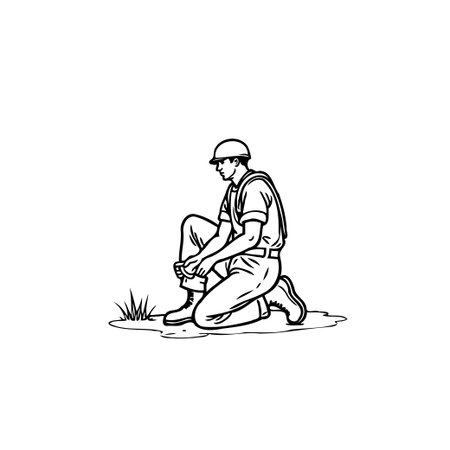 Illustration of a kneeling worker tying his boots, emphasizing safety through the hardhat. This vector drawing highlights occupational preparation and the importance of workplace attire on a grassyのイラスト素材