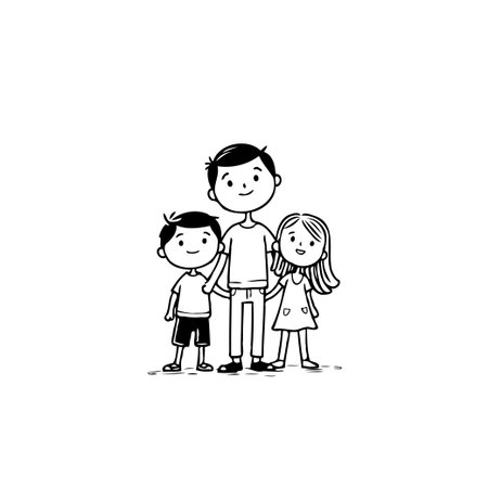 This endearing black and white illustration captures a touching moment of a father lovingly holding hands with his son and daughter. The image highlights the strong family bond filled withのイラスト素材