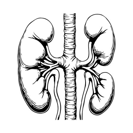 A detailed monochrome illustration presenting the renal system, showcasing kidneys connected to the vertebral column. The anatomical drawing is intended to depict biological structures, healthのイラスト素材
