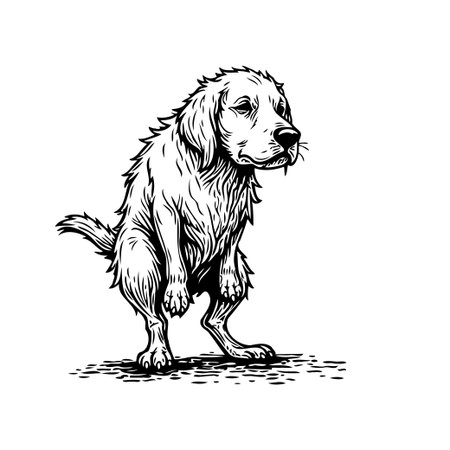 A captivating monochromatic illustration showcases a whimsical canine character caught in a distinct pose, exuding charm through expressive line work. This artwork captures the essence of the dog,のイラスト素材