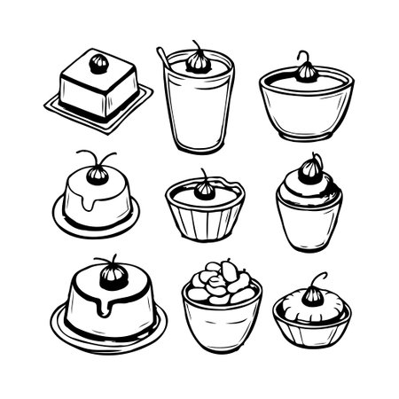 A hand-drawn illustration displays a collection of diverse dessert options. This showcases puddings, cakes, drink that are cream based. It has detailed line work and a simple monochrome styleのイラスト素材