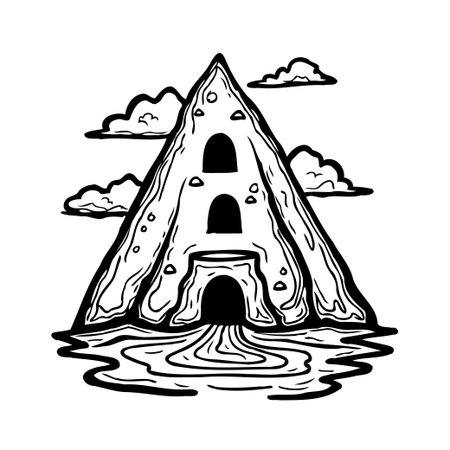 This monochrome illustration presents a towering mountain with mysterious cave openings that lets water flow down, evoking a sense of wilderness exploration and natural beauty, with its jagged peaksのイラスト素材