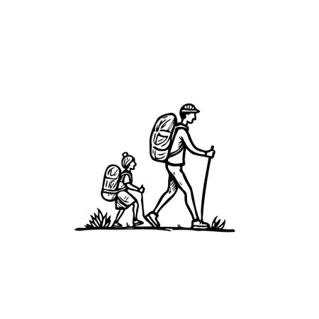 A charming line drawing depicts a parent and child, equipped with backpacks and walking sticks, venturing into the great outdoors. Their shared experience creates lasting memories through outdoorのイラスト素材