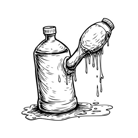 A surreal and intriguing illustration depicts two interconnected plastic bottles. Liquid is visibly dripping between them, emphasizing flow and unity. The monochrome palette and sketch-like styleのイラスト素材