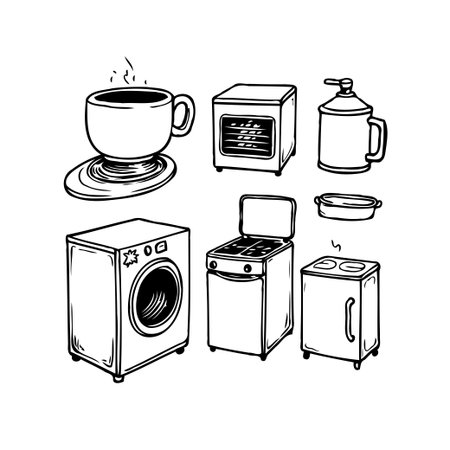 This whimsical monochrome line drawing showcases an array of domestic appliances, blending hand-drawn charm with essential kitchen tools. The illustration features a coffee maker, oven, dispenser,のイラスト素材