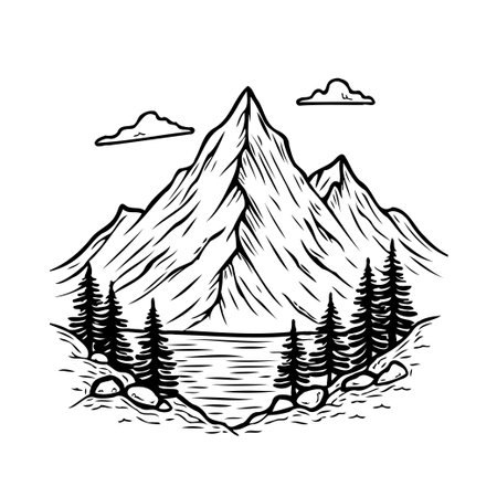 A clean and refined line art illustration featuring a towering mountain reflected in the calm waters of a pristine lake surrounded by a forest of evergreen trees, conveying a sense of peace andのイラスト素材