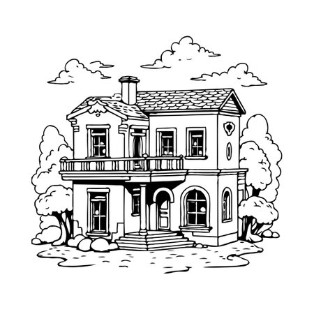 Detailed black and white architectural illustration of a beautiful two story house underneath a cloudy sky. An intricate design perfect for coloring books, architectural presentations, or artisticのイラスト素材