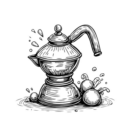 A captivating illustration of a classic moka pot, an ode to coffee brewing traditions. Showcasing the timeless elegance of preparing rich espresso with this iconic stovetop brewer, this imageのイラスト素材