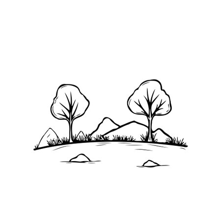 A minimalist nature illustration depicting two trees standing atop a small hill with scattered rocks. The scene evokes a sense of peacefulness and tranquility, ideal as a simple graphic designのイラスト素材