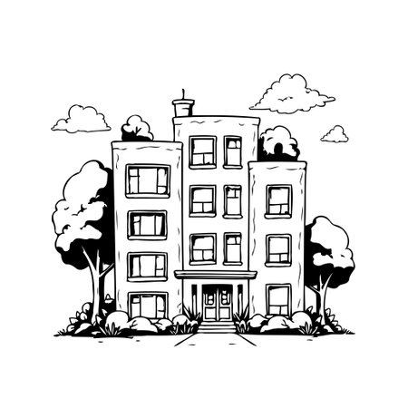 A black and white illustration of a sketched multi-story building with detailed windows, surrounded by trees and foliage. The building stands beneath a cloudy sky creating a minimalist yet detailedのイラスト素材