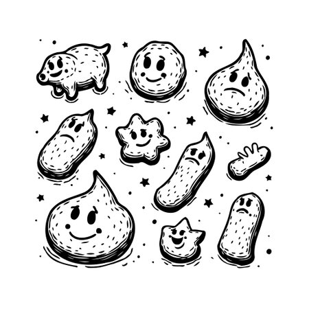 This whimsical hand-drawn illustration features a cast of quirky cartoon germs and microbes rendered in a simple black and white style. The playful designs, combined with the humorous expressions,のイラスト素材
