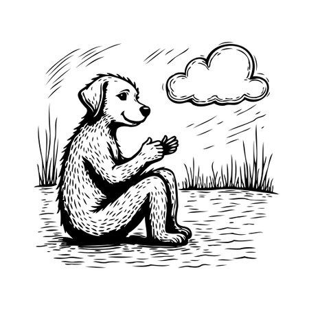 An evocative black and white illustration captures a dog in a seated pose, seemingly absorbed in observing a cloud. The textured drawing conveys a sense of tranquility and introspection, reflectingのイラスト素材