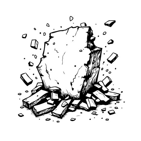 A black and white illustration presents a crumbling boulder, its surface fragmented into various pieces. The surrounding debris suggests an event of destruction or geological transformation.のイラスト素材