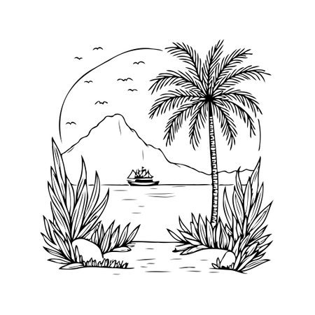 A black and white illustration showcases a peaceful coastal scene, highlighting a vintage ship sailing near a mountainous island. A prominent palm tree and coastal plants frame the image, enhancingのイラスト素材