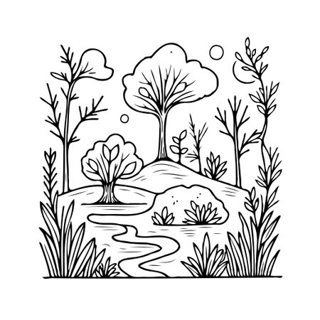 A hand drawn, minimalist nature landscape featuring trees, foliage, and a meandering stream. This serene scene is ideal for a variety of design projects, providing a touch of organic beauty andのイラスト素材