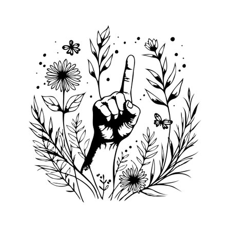 An artistic depiction showcasing a hand gesturing upwards amidst a surrounding arrangement of plants and flowers. The monochromatic style emphasizes the interplay between human expression andのイラスト素材