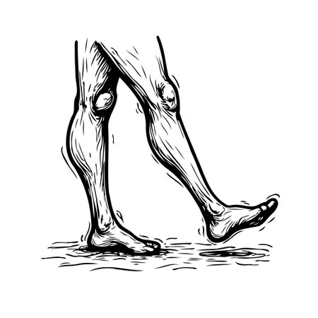 A striking monochrome illustration showcases human legs in stride, capturing the essence of anatomical form and movement. This artistic rendering focuses on the muscles and veins, depicting theのイラスト素材