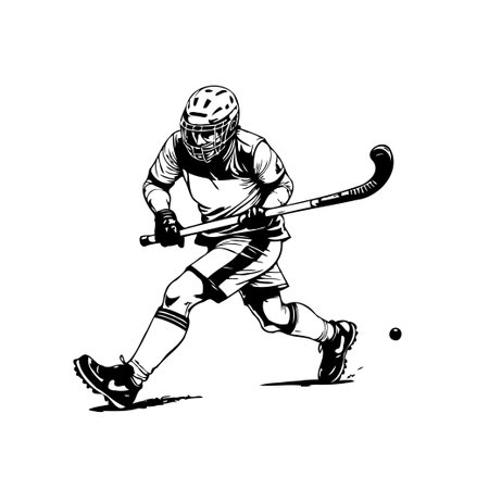 A striking illustration depicts a field hockey player in action, complete with helmet and stick, frozen in a dynamic pose while engaging in active play. The monochrome vector image captures theのイラスト素材