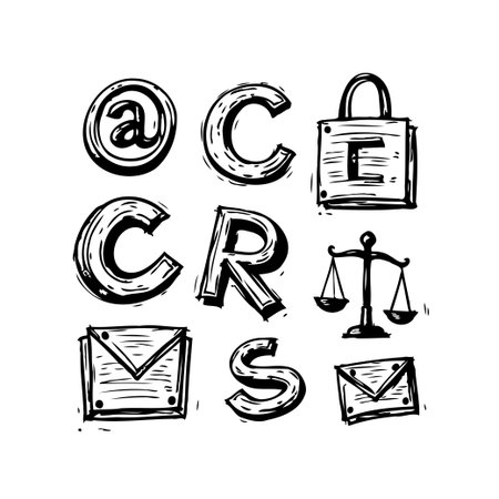 Hand-drawn doodle icons arranged in a creative arrangement. The composition features symbols representing email communication, digital security, document correspondence, legal matters and theのイラスト素材