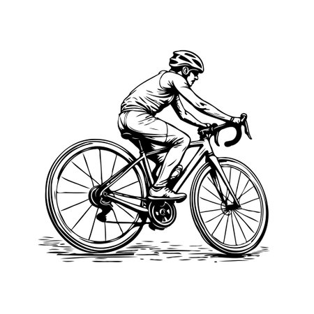 A monochrome vector image capturing a cyclist in motion, showcasing their dedication to fitness. The detailed lines highlight the athlete's focus, the bike's mechanics, and the intensity of outdoorのイラスト素材