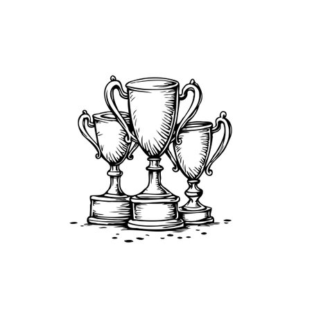 An elegant monochrome illustration showcasing three trophies grouped together, embodying concepts of attainment, victory, and celebration of success. Suitable for commemorative visuals, achievementのイラスト素材