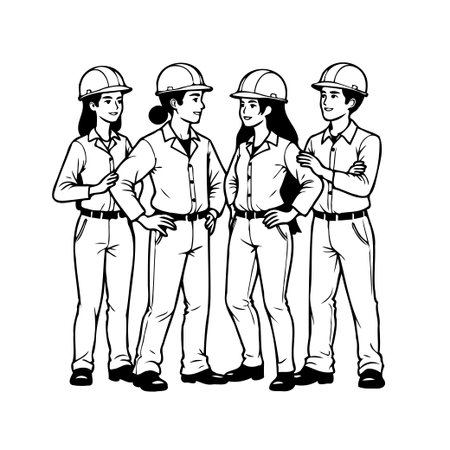 Illustrating a team of confident female engineers in the construction field, highlighting their skills and commitment to the industry. Wearing safety helmets and professional work attire, theyのイラスト素材