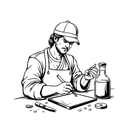 This artwork shows an artisan meticulously writing notes beside a bottle, embodying culinary expertise and thoughtful craftsmanship. The illustration captures the creative process with detail,のイラスト素材