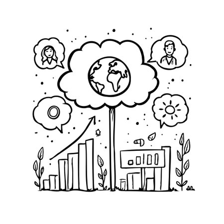 The hand-drawn illustration showcases global growth and social connectivity, emphasizing ecological awareness and upward trends. Illustrates how people are working together toward a sustainableのイラスト素材