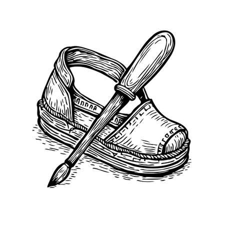 An artistic rendition featuring a simple shoe crossed with a paintbrush, representing creative pursuits and design inspiration. This monochrome illustration captures the blend of craftsmanship andのイラスト素材