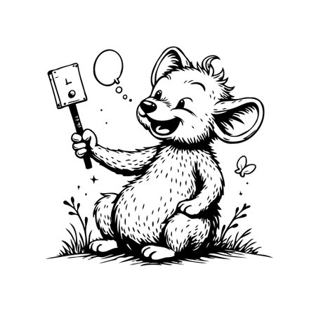 A charming black and white illustration features a whimsical mouse character holding a sign. Surrounded by stylized flora and fauna, a communication bubble floats near the cheerful rodent, capturingのイラスト素材