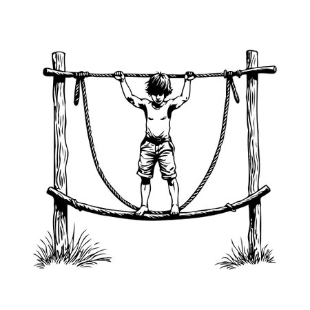 A barefoot young boy demonstrates balance on a rustic rope bridge. His strong posture reflects determination and childhood adventure during outdoor play. This art captures the essence of explorationのイラスト素材