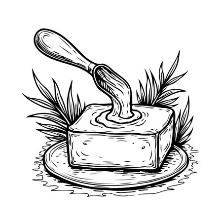 This black and white illustration showcases a butter block on a plate with a knife, surrounded by stylized foliage, creating a vintage and rustic aesthetic. The detailed line work and shading addのイラスト素材