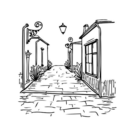 A hand-drawn illustration depicts a narrow, cobbled street in a European town. The perspective emphasizes depth, leading the eye down the alleyway flanked by buildings and vintage streetlights,のイラスト素材