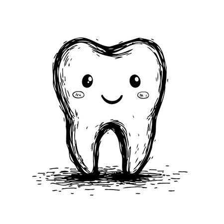 A playful and endearing cartoon illustration of a tooth with a cheerful smile. Perfect for dental clinics, children's books, or oral hygiene education materials, this image conveys the importance ofのイラスト素材
