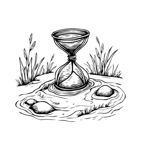 A monochromatic drawing showcases an hourglass placed upon a gently flowing stream, emphasizing the delicate balance between time and nature. The illustration captures the essence of fleetingのイラスト素材