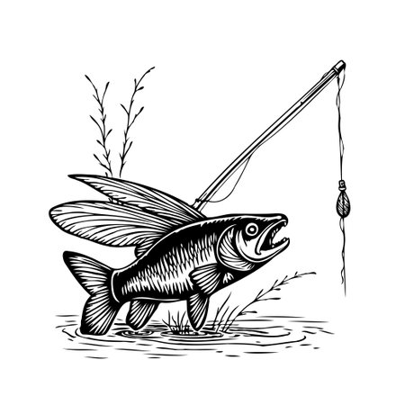 A stylized illustration depicts a winged fish approaching a fishing rod with bait suspended above the water. The monochrome artwork evokes a sense of fantasy and the unexpected encounter betweenのイラスト素材