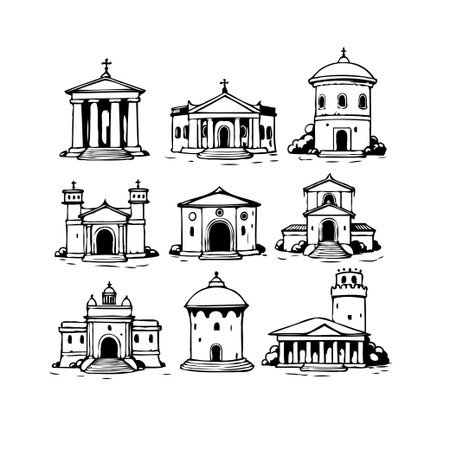 A collection of detailed sketch drawings featuring various architectural buildings and structures. These illustrations showcase architectural heritage, including temples and religious monuments,のイラスト素材