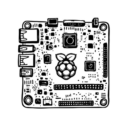 Detailed sketch of a Raspberry Pi, showcasing its complex circuitry and components. Ideal for...