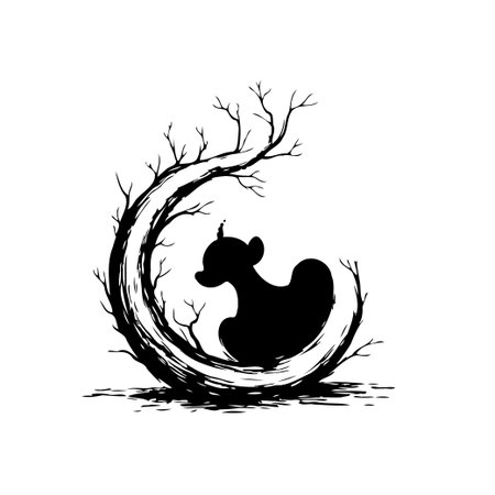 A stylized depiction of a rocking horse silhouette nestled within a curved frame of barren branches, evoking themes of childhood memories, nostalgic reverie, and the delicate balance betweenのイラスト素材