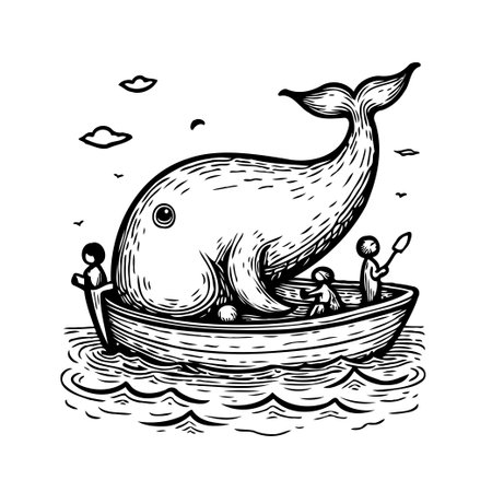 A gentle giant whale provides a unique form of water transport, carrying a small boat filled with children across calm waters. This whimsical scene captures the spirit of adventure, relaxation, andのイラスト素材
