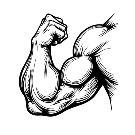A detailed monochromatic illustration displays a muscular arm, highlighting the biceps and anatomical structure. The vector graphic utilizes bold contour lines and solid areas to convey strength,のイラスト素材