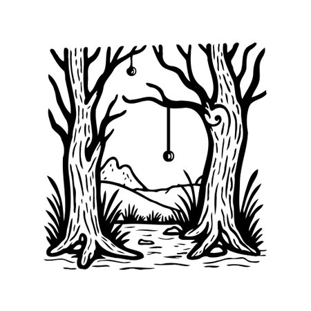 A stylized black and white illustration displays a nature scene, featuring two trees framing mountains and rolling hills. The artwork captures a tranquil landscape with rustic charm and a sense ofのイラスト素材