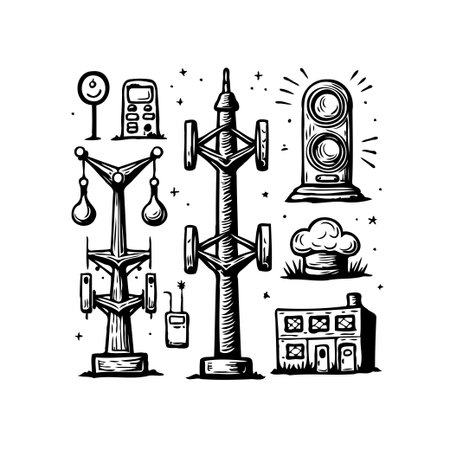 This black and white illustration presents a collection of diverse elements: communication towers and a speaker suggest technology; a building and streetlight symbolize urban development; energyのイラスト素材