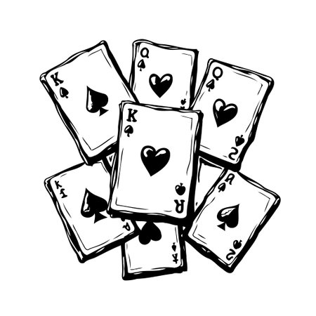 A hand-drawn illustration features a collection of playing cards, including the king, queen, and...