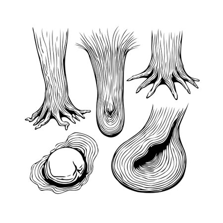 An artistic display exhibiting stylized tree trunks and root systems, meticulously crafted in detailed line drawings. The images focus on showcasing botanical morphology, providing a visualのイラスト素材
